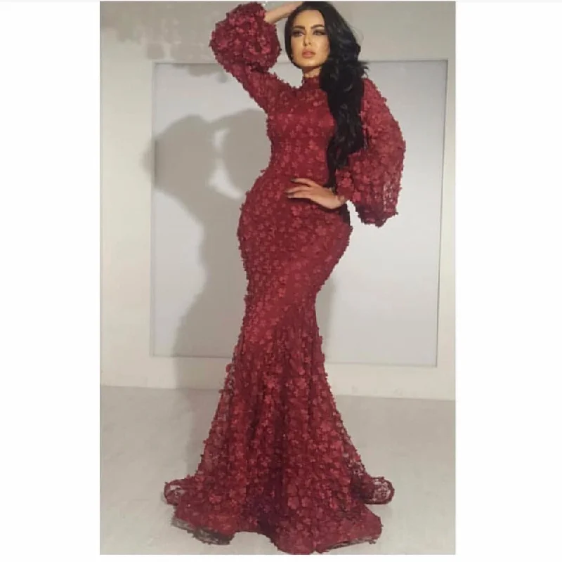 Burgundy evening dresses 2020 high neck lace 3D flowers elegant evening gown formal dress Burgundy evening dresses 2020 high neck lace 3D flowers elegant evening gown formal dress