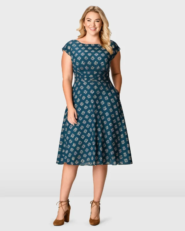 Graphic Floral Print Pleated Crepe Dress | Teal, Beige