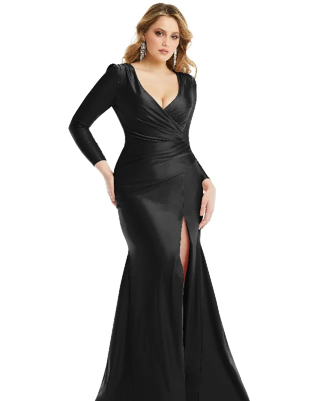 Long Sleeve Draped Wrap Stretch Satin Mermaid Dress with Slight Train | Black