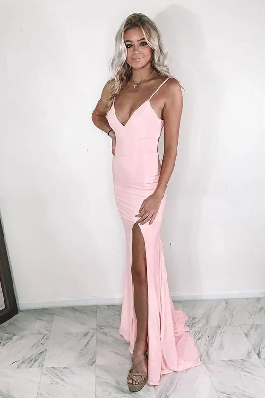 Sexy pink prom dress with v neckline  C1415