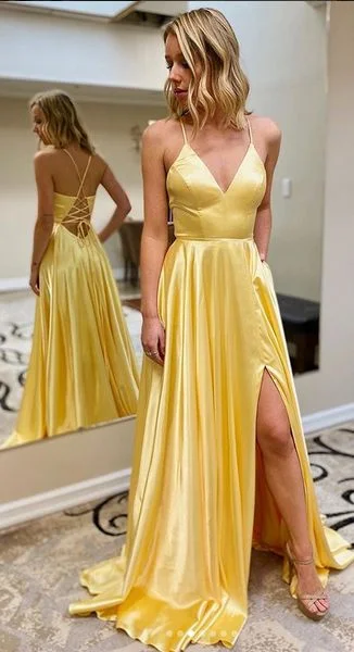 Yellow Simple Prom Dress with Lace up back Long Prom Dresses 8th Graduation Dress Formal Dress C69 Yellow Simple Prom Dress with Lace up back Long Prom Dresses 8th Graduation Dress Formal Dress C69