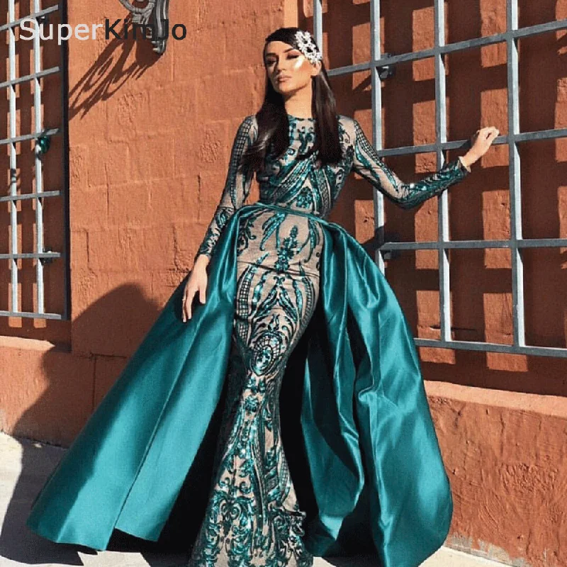 detachable skirt evening dresses 2020 sequin appliqué green elegant long sleeve evening gown formal dress detachable skirt evening dresses 2020 sequin appliqué green elegant long sleeve evening gown formal dress