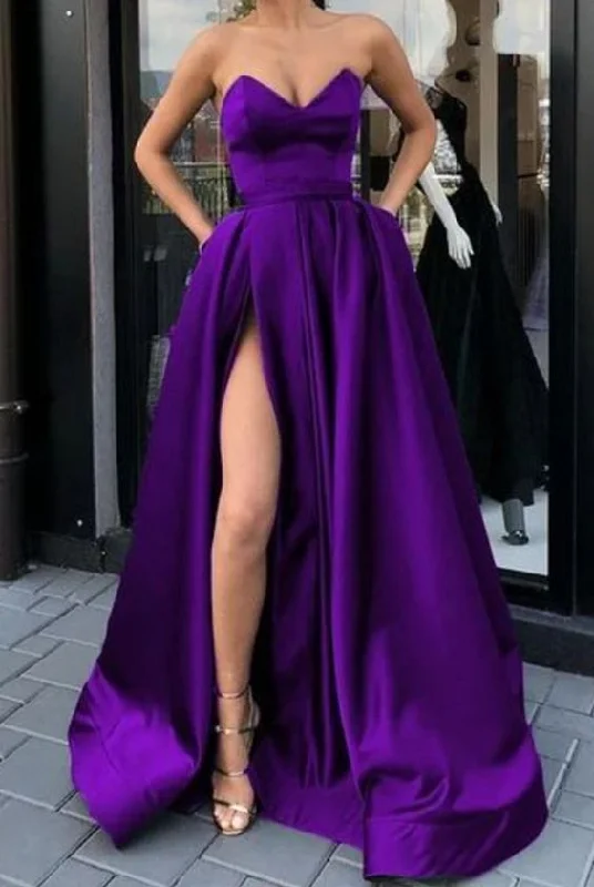purple satin strapless prom dresses with pockets C46