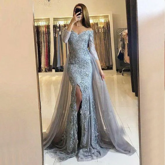gray evening dresses long detachable skirt lace appliqué beaded elegant evening gowns vestido de festa de Longo gray evening dresses long detachable skirt lace appliqué beaded elegant evening gowns vestido de festa de Longo
