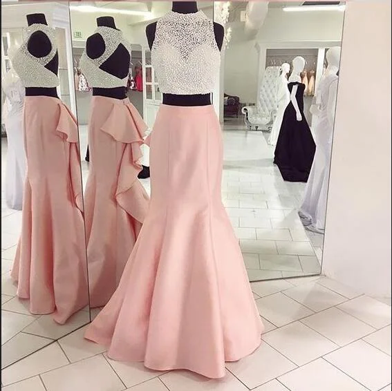 high neck evening dresses 2020 beaded mermaid pink elegant evening gown vestido de Longo high neck evening dresses 2020 beaded mermaid pink elegant evening gown vestido de Longo