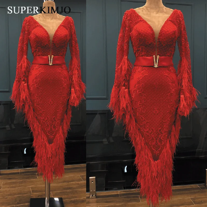feather evening dresses short 2020 lace appliqué red beaded deep v neck evening gown cocktail dress feather evening dresses short 2020 lace appliqué red beaded deep v neck evening gown cocktail dress