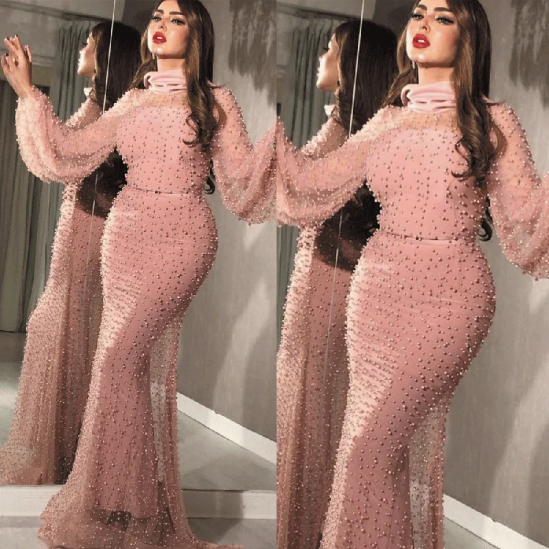 high neck evening dresses long sleeve mermaid pink peals beaded arabic evening gown 2020 high neck evening dresses long sleeve mermaid pink peals beaded arabic evening gown 2020