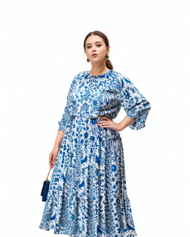 Flora Fauna Print Crepe Blousy Tiered Dress | White, Blue