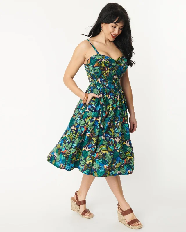 Unique Vintage Navy Jungle Print Shimmy & Shake Swing Dress | Blue, Green, Floral