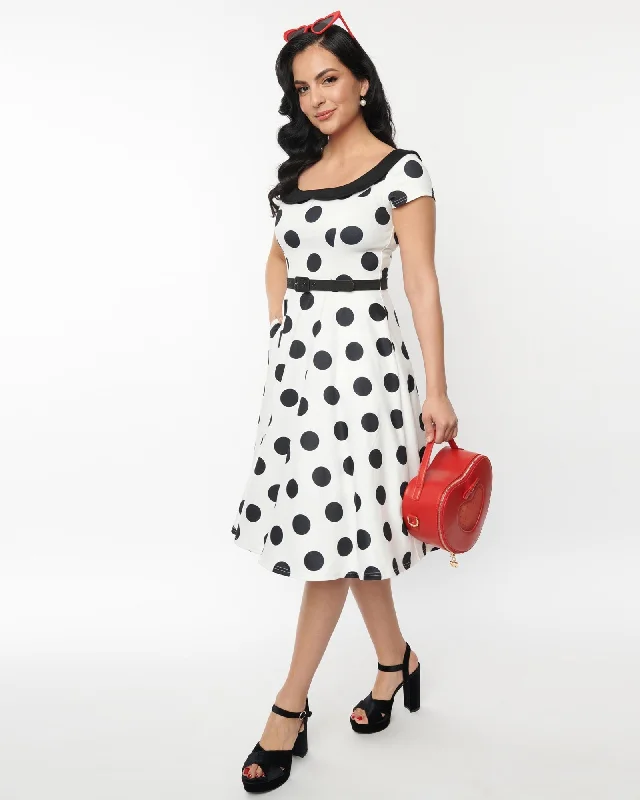 Unique Vintage Ivory & Black Dot Contrast Collared Swing Dress | White, Polka Dot
