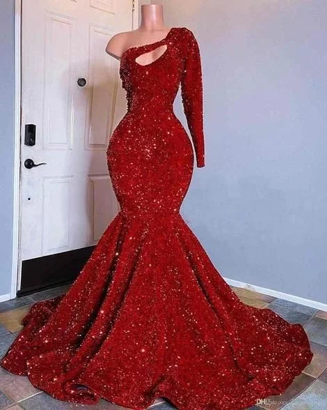 Red Sequined Black Girls Mermaid Prom Dresses, Plus Size One Shoulder Long Sleeve Sequined Keyhole Prom Gowns C1816 Red Sequined Black Girls Mermaid Prom Dresses, Plus Size One Shoulder Long Sleeve Sequined Keyhole Prom Gowns C1816