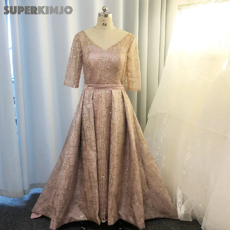 rose pink evening dresses 2020 detachable train sparkle long sleeve v neck evening gown long vestido de festa