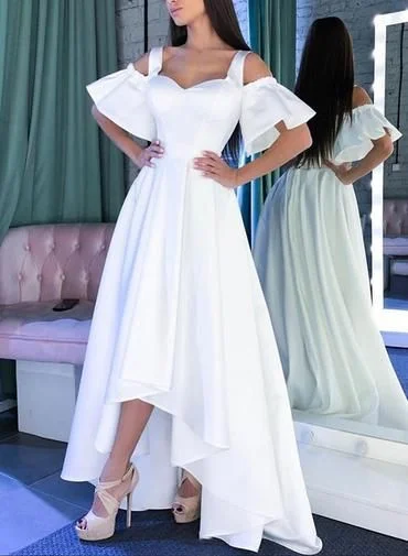 Simple White Satin Sweetheart Long Prom Dress With Short Sleeve C334