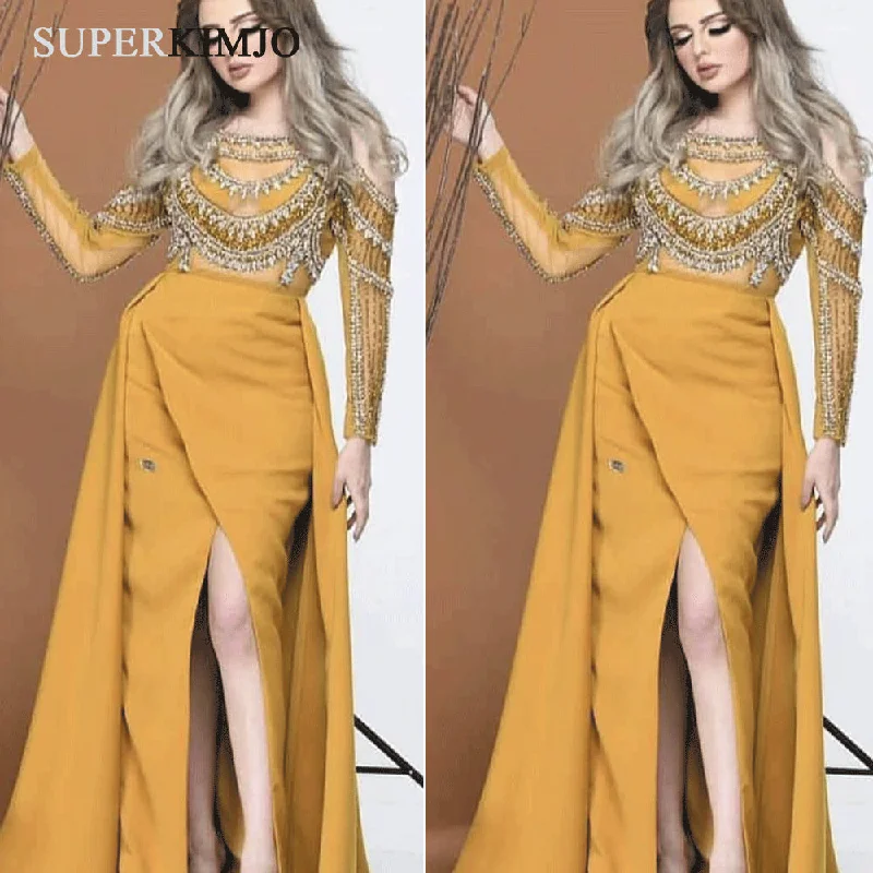 mustard mermaid evening dresses 2020 detachable skirt beaded long sleeve evening gown mustard mermaid evening dresses 2020 detachable skirt beaded long sleeve evening gown