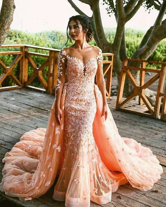 detachable train evening dresses long sleeve peach lace appliqué 3d flowers elegant evening gown 2020 detachable train evening dresses long sleeve peach lace appliqué 3d flowers elegant evening gown 2020