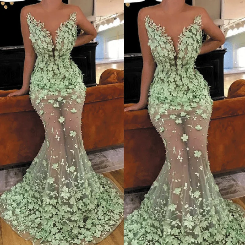 sexy evening dresses long mermaid mint green 3d flowers lace appliqué evening gown 2020 vestido de Longo sexy evening dresses long mermaid mint green 3d flowers lace appliqué evening gown 2020 vestido de Longo