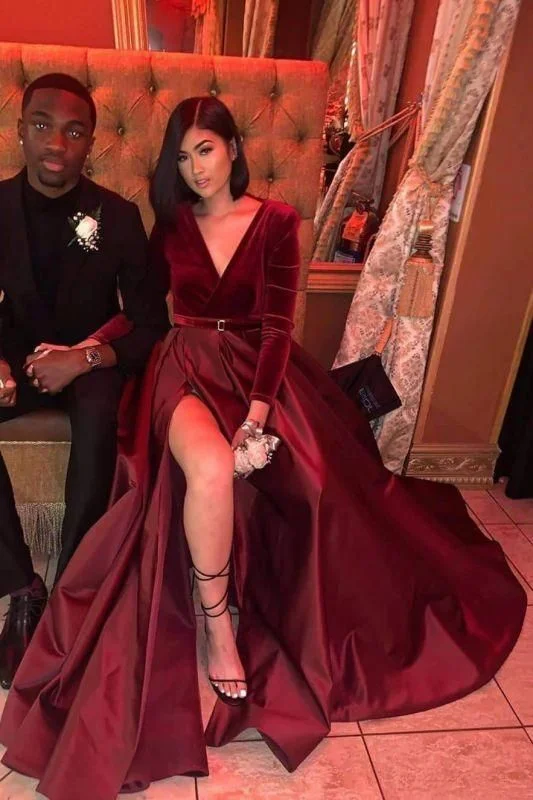 Sheath Long Sleeves Split Short Red Prom Dresses  C1578