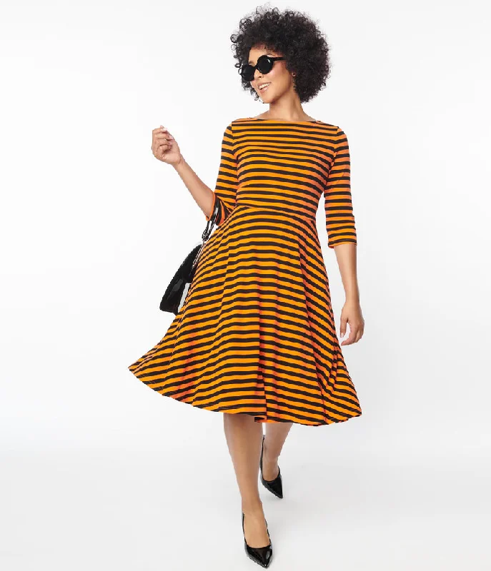 Unique Vintage Nicole Swing Dress - Black & Orange Stripe