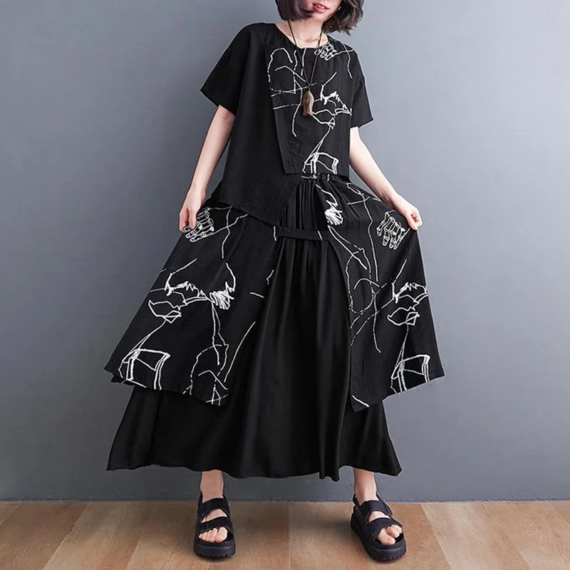 Black Print Short Sleeve Round Neck T-shirt Elastic Waist Skirt Suit Summer Welt Pockets Slit Pockets Flap Pockets