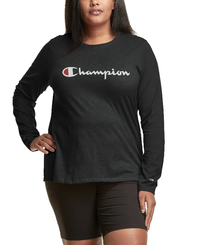 Champion Plus Size Long-Sleeve Logo T-Shirt Satin Fabric Silk Fabric Chiffon Fabric