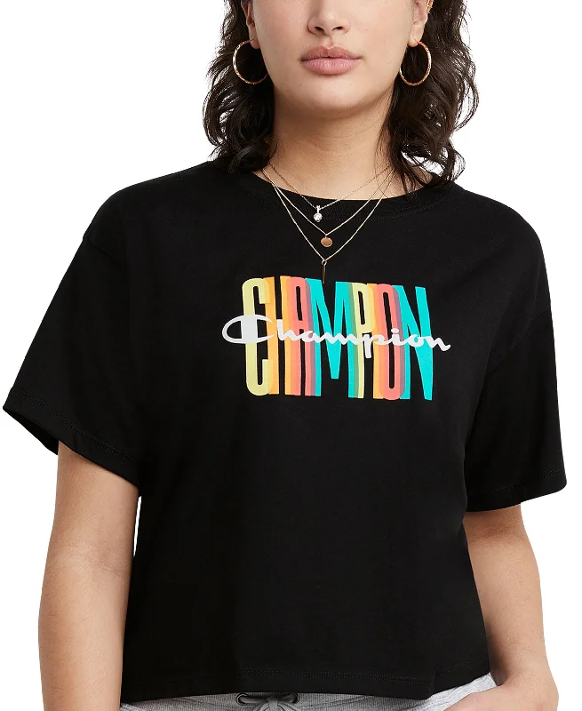 Champion Womens Cropped Logo T-Shirt Chenille Fabric Brocade Fabric Lace Fabric
