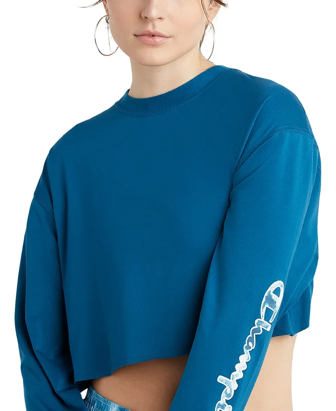 Champion Womens Cropped Long Sleeve T-Shirt Ribbed Striped Patterned