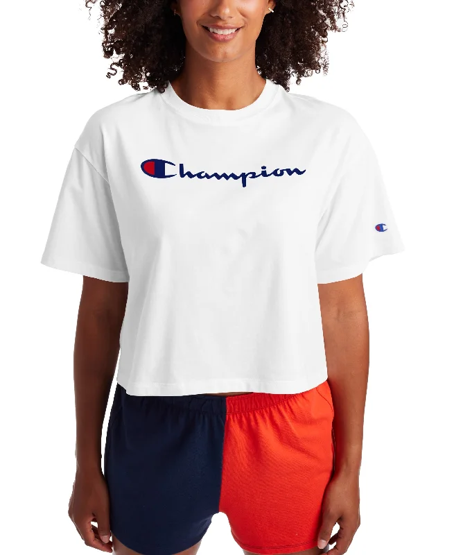 Champion Womens Logo Cropped T-Shirt Lace Blend Ribbed Blend Corduroy Blend