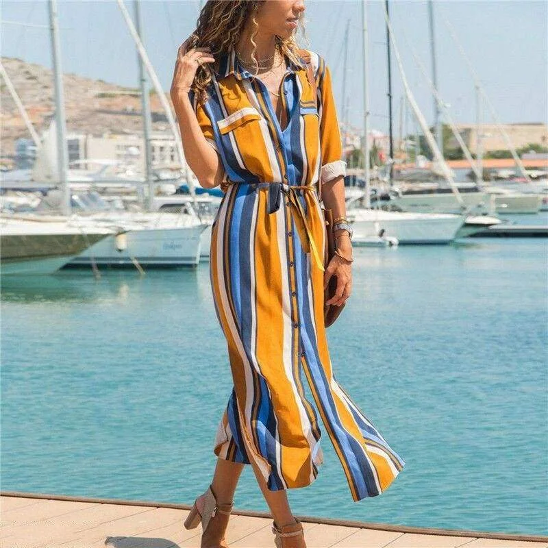 FashionSierra - New Spring Women's arrival Stripe T-Shirt High waist Casual Beach style Loose Shirt Long Dress Zippered Buttoned Snapped