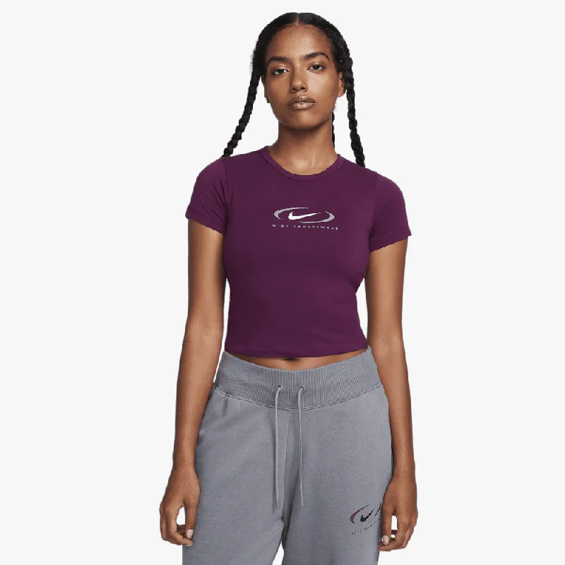 Nike Womens Cropped Top Graphic Tee Bordeaux Striped Floral Plaid