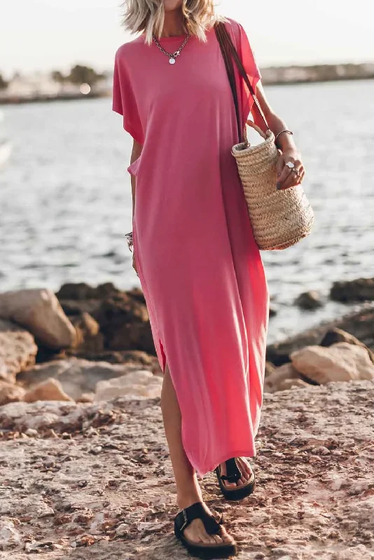 Pink Crew Neck Bat Sleeve Split Maxi T-shirt Dress Collared Crew Neck Turtle Neck