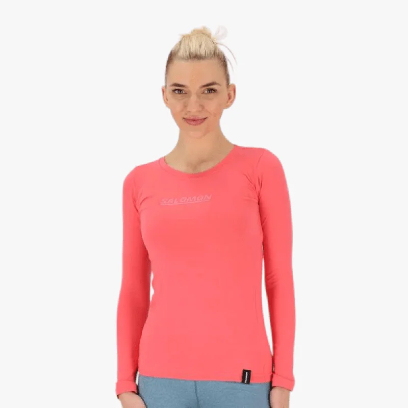 Salomon Womens Scoop Neck Long Sleeve Tee Sinkist Coral Wool Fabric Cashmere Fabric Tweed Fabric