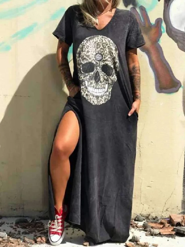 V-neck Short-sleeved Skull Print Slit T-shirt Dress Mesh Canvas Denim