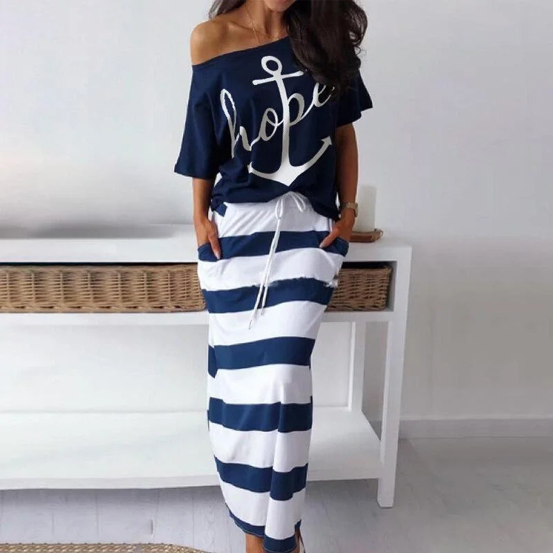 Amy Fashion - Off Shoulder Blouses T-shirt Striped Maxi Dress Striped Floral Plaid
