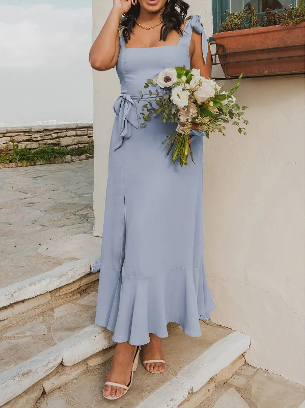 Adjustable Strap Square Neck Stylish Maxi Dress Elegant Maxi Dress with Slit