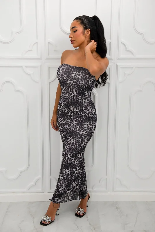 Arianna Leopard Maxi Dress (Grey) Comfortable Ruffle Hem Maxi Dress