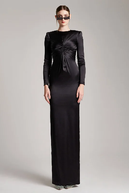 Black Crystal Fringe Embellished Sleeves Maxi Dress with Back Slit Comfortable T-Shirt Maxi Dress