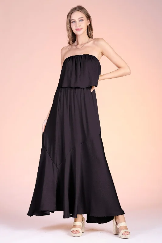 Black Silk Strapless Maxi Dress Comfortable Long-Sleeve Maxi Dress