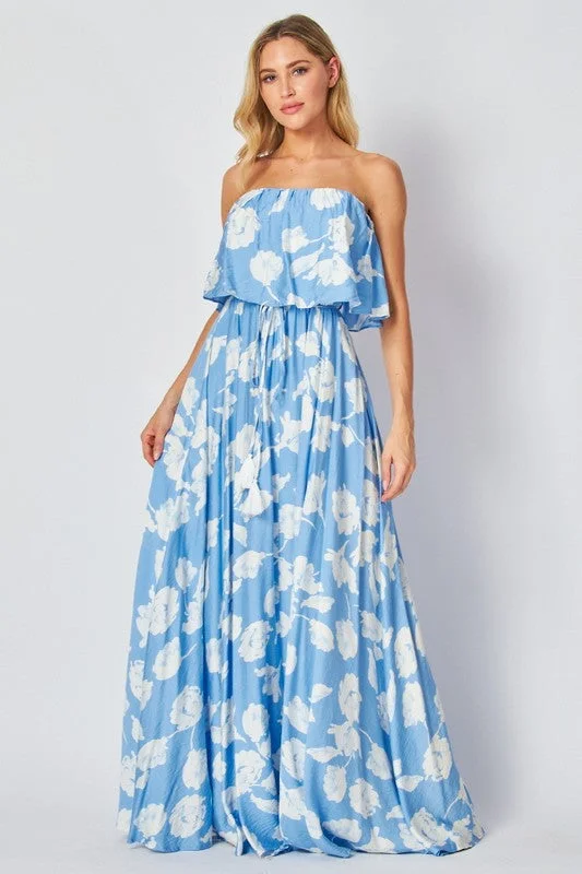 BLUE AND WHITE FLORAL PRINTED STRAPLESS MAXI DRESS Comfortable Pleated Maxi Dress