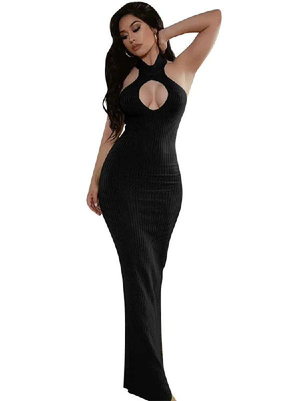 Bodycon Hollow Out Sleeveless Ribbed Knit Maxi Dresses Comfortable Maxi Dress with Sleeves