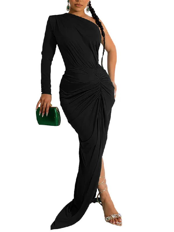Bodycon One Sholder Long Sleeve Ruched Cocktail Maxi Dresses Stylish Long Sleeve Maxi Dress