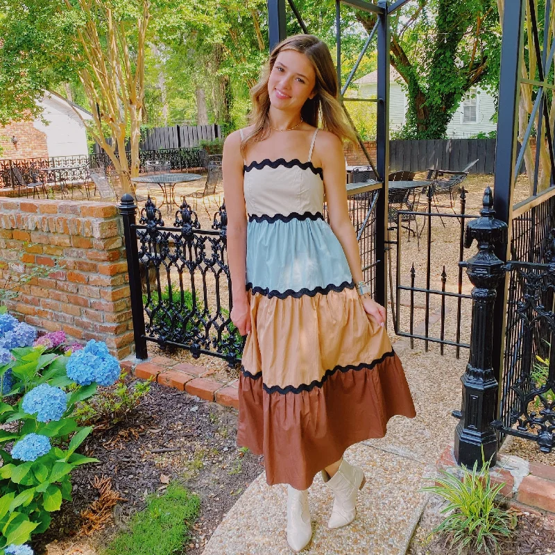 BROWN AND BABY BLUE COLOR BLOCKED TIERED MAXI DRESS Elegant Boho Maxi Dress