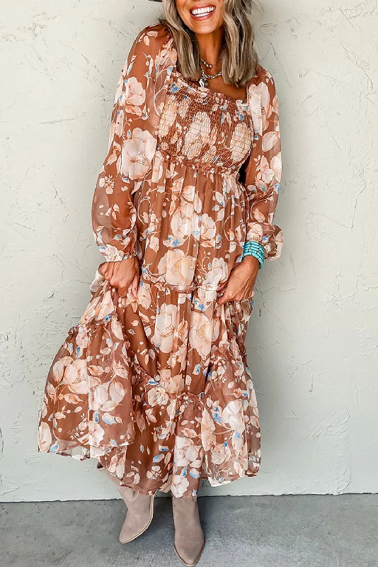 Blue Zone Planet | Brown Floral Print Shirred Square Neck High Waist Maxi Dress Comfortable Plunging Neckline Maxi Dress Blue Zone Planet | Brown Floral Print Shirred Square Neck High Waist Maxi Dress Comfortable Plunging Neckline Maxi Dress
