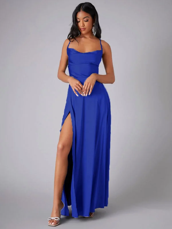 Blue Zone Planet | Celeste Satin Slip Strappy Backless Maxi Dress Elegant Maxi Dress with Slit Blue Zone Planet | Celeste Satin Slip Strappy Backless Maxi Dress Elegant Maxi Dress with Slit