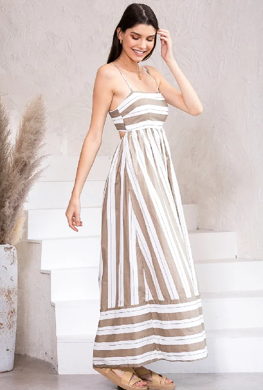 Cleo Beige and White Stripe Maxi Dress Comfortable Cotton Maxi Dress