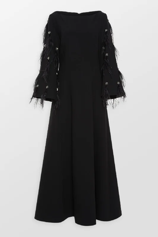 Clover Wide Sleeves Feathered Maxi Dress Comfortable Fit-and-Flare Maxi Dress
