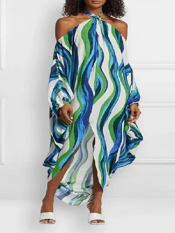 Colorful Striped Sexy Halter Neck Tie Maxi Dresses Comfortable Maxi Dress with Sleeves