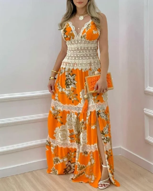 Daily Wear Casual Bodycon Party Long Dresses 2023 Women Spring Summer Sexy Floral Print Contrast Lace Split Hem Maxi Dress Stylish Boho Maxi Dress Daily Wear Casual Bodycon Party Long Dresses 2023 Women Spring Summer Sexy Floral Print Contrast Lace Split Hem Maxi Dress Stylish Boho Maxi Dress