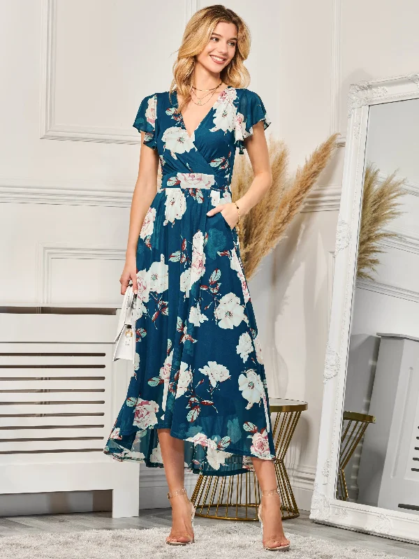 Dipped Hem Mesh Maxi Dress, Teal Floral Stylish Boho Maxi Dress