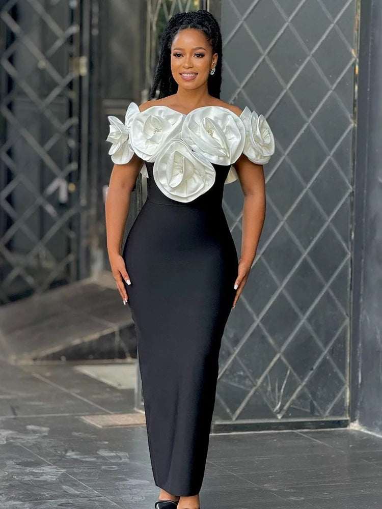 Elegant  3D Flowers Diamond Bra Bandage Maxi Dress Comfortable Pleated Maxi Dress