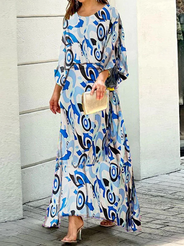 Elegant Round Neck Print Loose Maxi Dress Stylish Boho Chic Maxi Dress